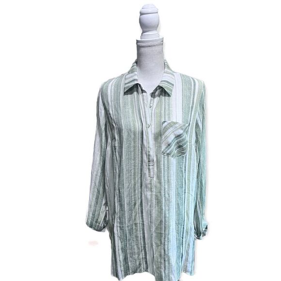 NANETTE LEPORE GREEN PRAIRIE STRIPED LONG SLEEVE TUNIC LOOSE SHIRT TOP LARGE NWT - Picture 1 of 10